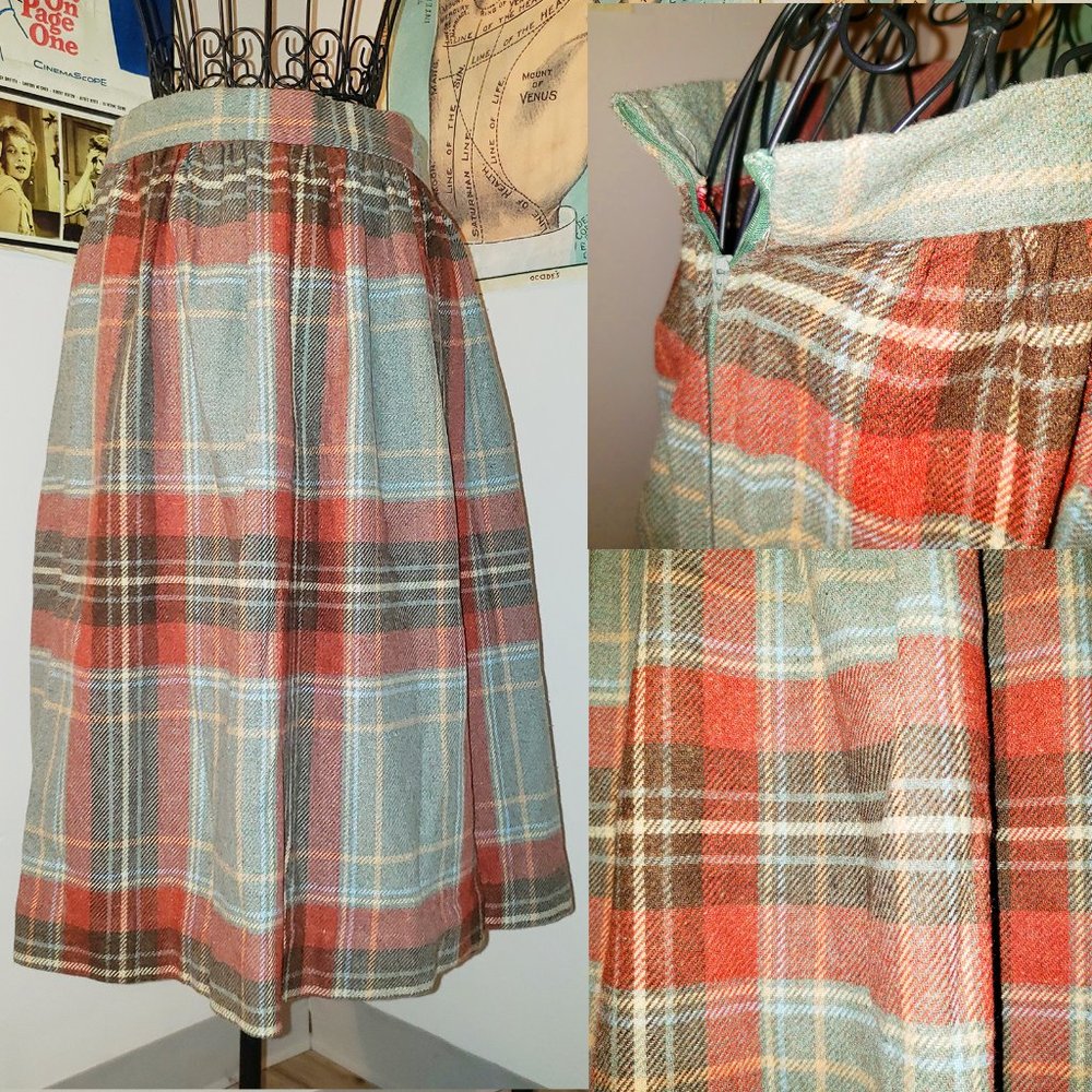 Vintage 1960 1970 Plaid Wool Skirt, A-Line, Wide Waistband, by The Limited S/M